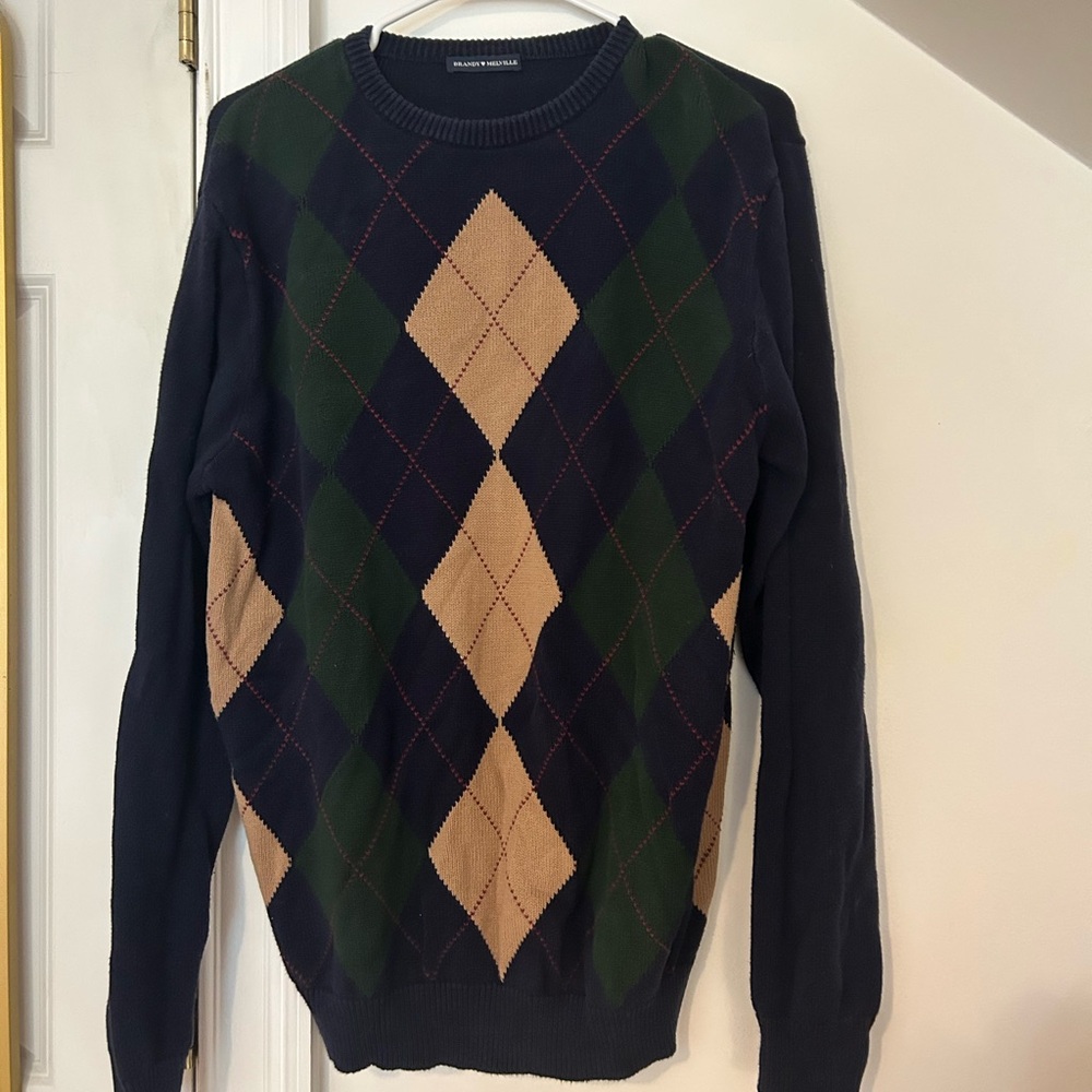 Brandy Melville Women's Navy Blue/Multi-colored Cotton V-Neck Pullover